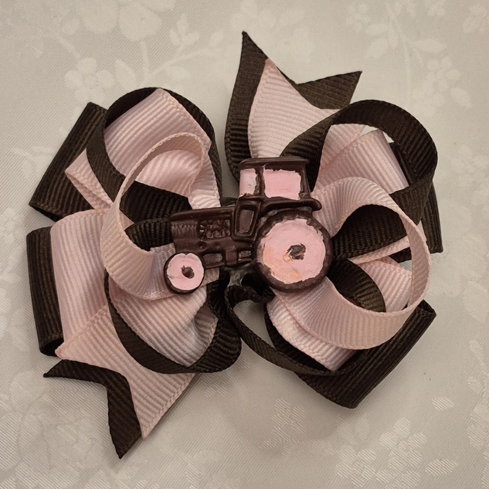 Pink and Brown Tractor Charm Hair Bow Layered Handmade